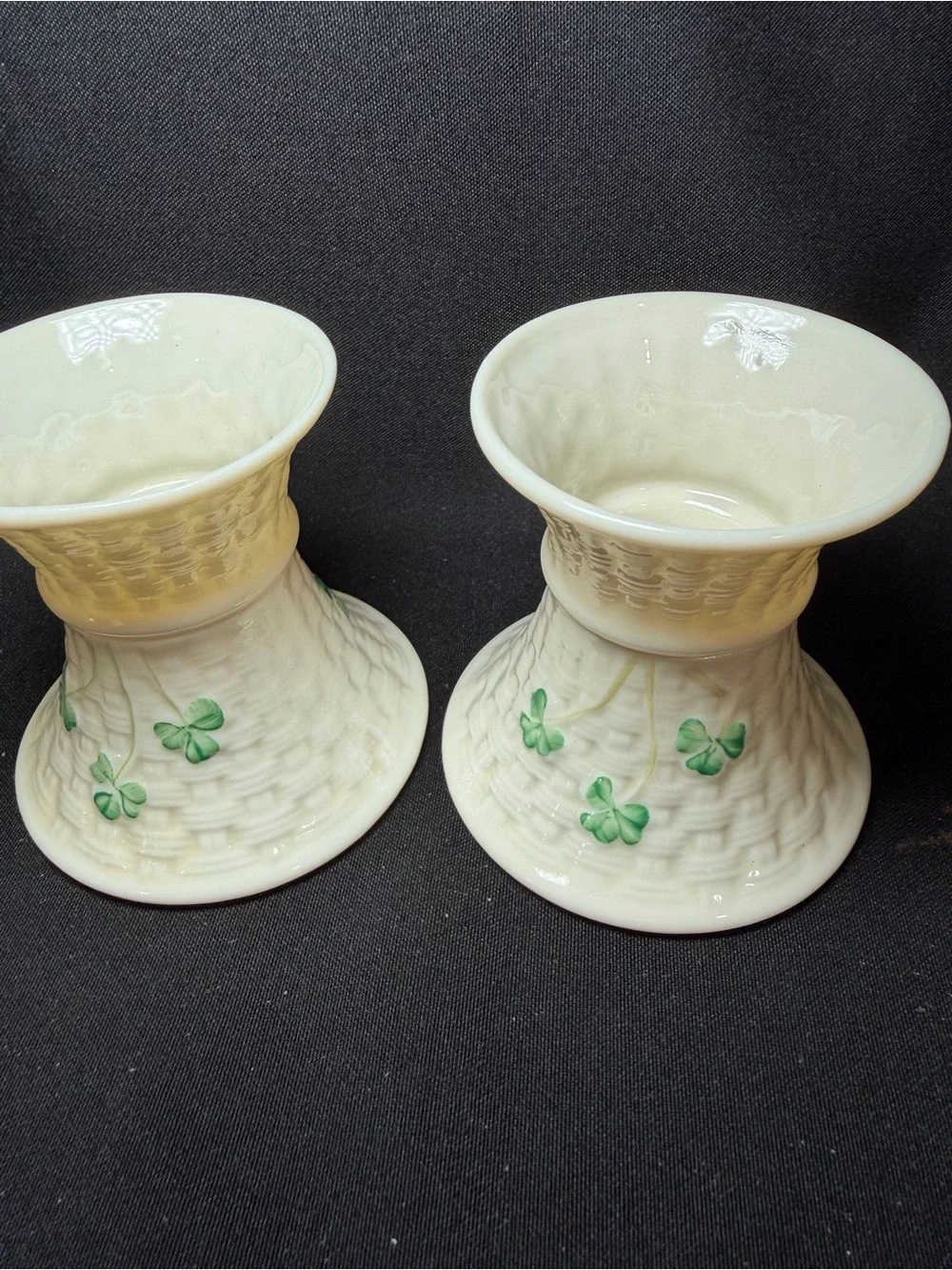 Belleek Ireland Shamrock Porcelain Taper Candle Holders Pair White/Green Gold